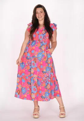Produktbild von Damen Kleid für kurvige Frauen, Rot XL, mit Blumenmuster, kurzen Schmetterlingsärmeln und V-Ausschnitt