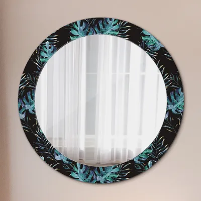 Produktbild von Ø70cm Spiegel - Glasrahmen mit Aufdruck - Wandspiegel Schlafzimmer - Exotisch Blätter