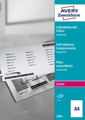 Produktbild von Avery Zweckform 3480, Transparente, selbstklebende Folien, A4, einseitig beschichtet, 100 Bogen