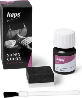 Produktbild von Kaps Lederfarbstoff Super Color, Schwarz, 25ml – Für Leder & Textilien. Zum Färben, Auffrischen, Ausbessern. Wasserfest, langanhaltend, rissfrei, schnelltrocknend. Inkl. Pinsel & Schwamm. 82 Farben, auch für radikalen Farbwechsel.