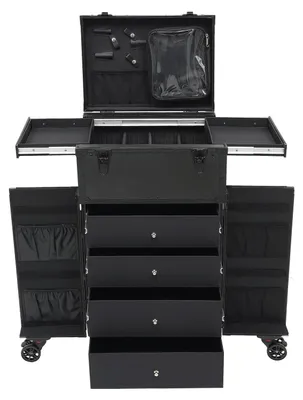 Produktbild von Professioneller Schminkkoffer - Kosmetik Trolleykoffer - Große Kapazität - Aluminium - 4 Rollen Spinner - Teleskopgriff - Schwarz