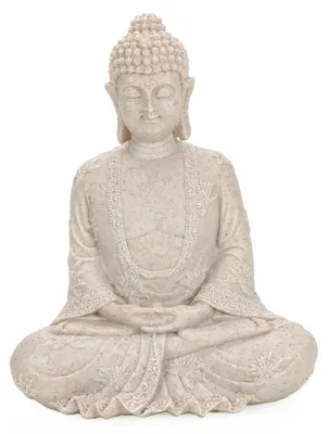 Produktbild von Buddha in Stein-Optik mit Kugel in den Händen, Indoor und Outdoor tauglich, indischer Buddha im Lotussitz repräsentiert Weisheit und Erleuchtung