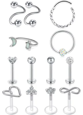 Zdjęcie produktu dla Zestaw do piercingu, 13 sztuk, stal chirurgiczna, 16G, srebrny kolor. Kolczyki do chrząstki, labret, monroe. Biżuteria damska i męska