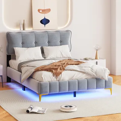 Produktbild von Fortuna Lai Polsterbett 140 x 200 cm, Jugendbett, Doppelbett mit LED-Leuchten mit Rückenlehne mit Lattenrost Samtstoff Metallfüße, Grau