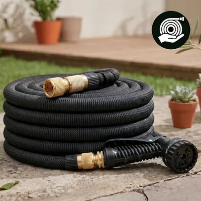 Produktbild von Gartenschlauch, ausziehbarer Schlauch, 8-in-1-Set mit Spritzpistole, Anschlüsse, Haken, schwarz, 30 m