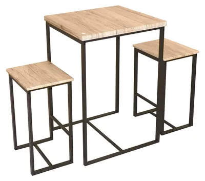 Image de Ensemble table haute et 2 tabourets de bar - Noir et chêne - Bois et métal - Table 60 x 60 x H 88 cm