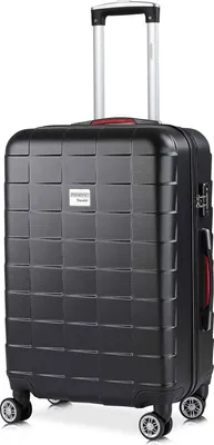 A black suitcase with a telescoping handle and wheels, presented against a white background.