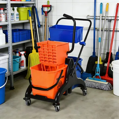 Produktbild von Reinigungswagen mit Presse, Wischmoppeimer rollbar, 2-Eimer-System, Schmutz-/Reinwassertrennung, Orange | 26 L | 78 x 45 x 95 cm | bis 40 kg
