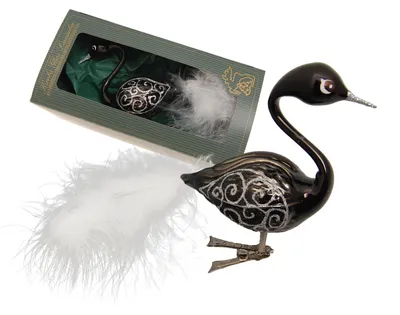 Produktbild von Krebs Glas Lauscha Weihnachtsbaumschmuck - Schwan in schwarz mit Clip - aus Glas - ca. 9cm + ca. 5cm Echtfeder