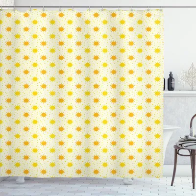 Zdjęcie produktu dla ABAKUHAUS Letnia zasłona prysznicowa, geometryczny motyw słońca na tle z drobnym wzorem sezonowym, 175 x 200 cm, pomarańczowo-żółta i kremowa