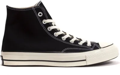A black high-top Converse Chuck 70 sneaker with white laces and white soles, shown from the side against a white background.