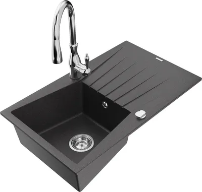 Produktbild von Mexen Cesar 1 Becken-Granitspüle mit Abtropffläche und Mischbatterie Savita, Schwarz gesprenkelt - 6514-76-672601-00