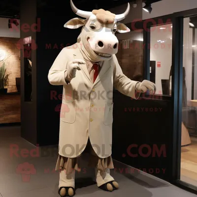 Produktbild von Beigefarbenes REDBROKOLY Zebu Maskottchen kostüm bekleidet mit Mantel und Krawatte