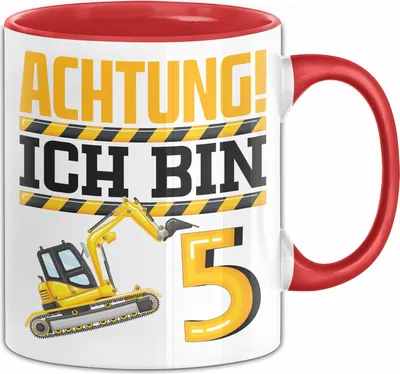 Produktbild von 5. Geburtstag Geschenk Tasse Becher Jungs Baustelle Geburtstagsgeschenk Achtung Ich Bin 5 (Rot)