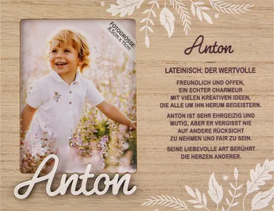 Produktbild von Personalisierter Bilderrahmen für Erwachsene, Kinder, Babys in Holzoptik mit Spruch -Bilderrahmen Anton