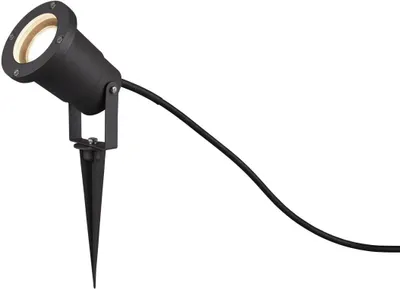 A black outdoor spotlight with a ground spike and a black cable, shown against a white background.