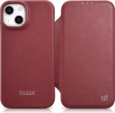 Zdjęcie produktu dla iCarer CE Premium Leather Folio Case skórzane etui iPhone 14 Plus z klapką magnetyczne MagSafe czerwony (WMI14220715-RD)