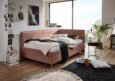 Produktbild von Meise Möbel Kinderbett FUN 120x200 cm | Bettgestell | Kopfteil & Rückenteil glatt | Webstoff Rose | Holzfuß eichefarbig