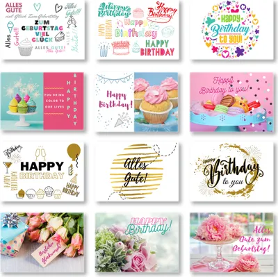 Produktbild von Domelo Geburtstagskarten 12er Set mit Umschlag, Happy Birthday Postkarten, Kraftpapier Karten zum Geburtstag, Geburtstagskarte für Mann/ Frau/ Kinder, Postkarte als Grußkarten