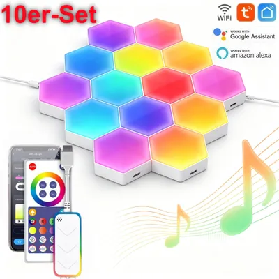 Produktbild von LED Hexa Lichtpanels RGBIC Musik Sync, 16 Millionen Farben, WiFi & Bluetooth, App & Fernbedienung, für Partybeleuchtung Gaming DIY Deko, 10er Set.