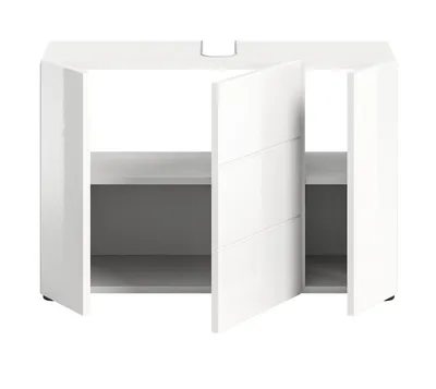A white high-gloss washbasin cabinet with two doors open, revealing shelves inside. The cabinet is shown against a white background.
