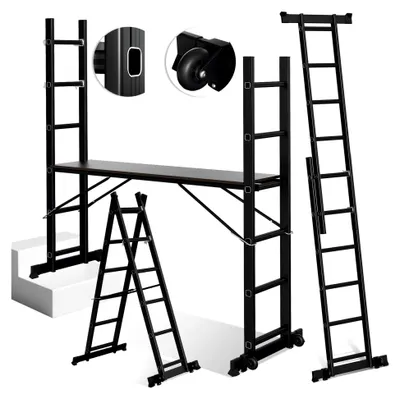 Produktbild von Mehrzweckleiter 4x4, 4 in 1 Aluminiumleiter, klappbar, mobiles Gerüst, Anlegeleiter, Steigleiter, Multifunktionsleiter, maximale Belastung 150 kg, schwarz