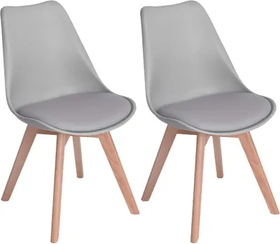 Two gray chairs with wooden legs are shown against a white background.