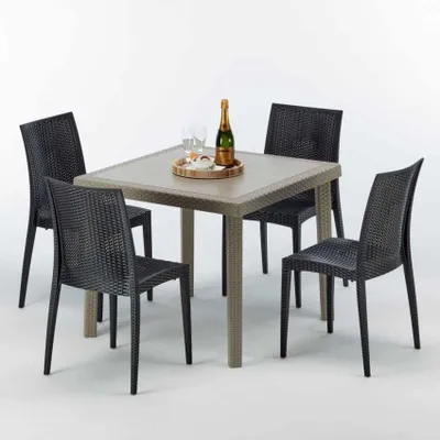 Produktbild von Polyrattan Tisch Quadratisch mit 4 Bunten Stühlen 90x90 Beige Elegance