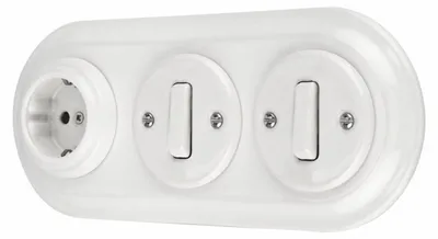 Productafbeelding van Inbouw porselein retro stopcontact, schakelaar, 3-voudig, all-in-one