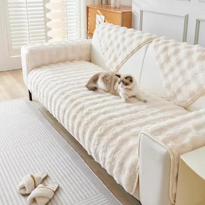 Produktbild von Couchüberwurf, Plüsch Super Weich Sofaüberwurf, Antirutsch Sofabezug, Sofaüberwurf, Verdickte Dekoration für 2, 3-Sitzer Sofa, 90x90cm, Creme, 1Stück