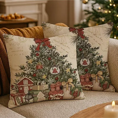 Productafbeelding van 2 stuks kussenhoezen, 45x45 cm, kerstdecoratie, katoen-linnen, groen