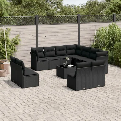 Produktbild von Design 12-tlg. Garten-Sofagarnitur mit Kissen Schwarz Poly Rattan, Gartenmöbel-Sets 2024 Neu