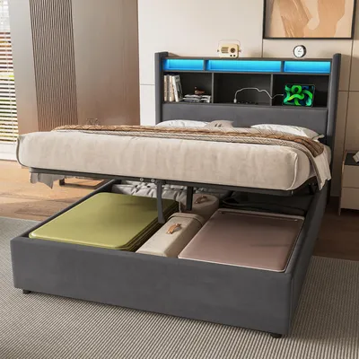 Produktbild von okwish Polsterbett 140×200 Boxspringbett mit Steckdose,Nachtlicht und 3 Ablagefächern am Kopfteil,Jugendbett mit Bettkasten,Grau,ohne Matratze
