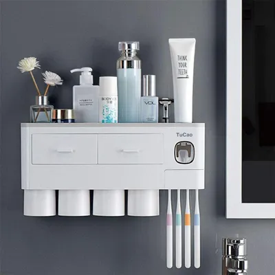 Produktbild von Automatischer Zahnpastaspender mit Zahnbürstenhalter an der Wand, 4 Magnetbechern und Kosmetik-Organizer-Schublade