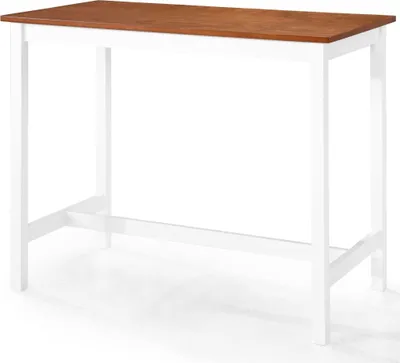 A bar table with a brown top and white legs against a white background.