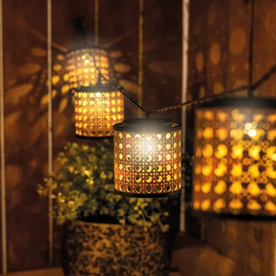 String lights with lantern-like shades are hanging in front of a wooden wall, with a potted plant in the foreground.