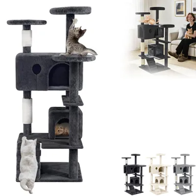 Produktbild von LZQ Kratzbaum für Katzen, 130 cm Katzenbaum in Blaugrau mit Sisal-Kratzsäulen, Plüsch-Liegeflächen & Hängespielzeug, Stabiler Kletterbaum mit Höhle & Leiter für Wohnungskatzen
