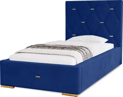 Produktbild von Polsterbett Golden Premium 90x200 cm, Bett mit Kopfteil, Doppelbett mit Bettkasten, Matratze und Lattenrost aus Holz, Velourstoff: Dunkelblau