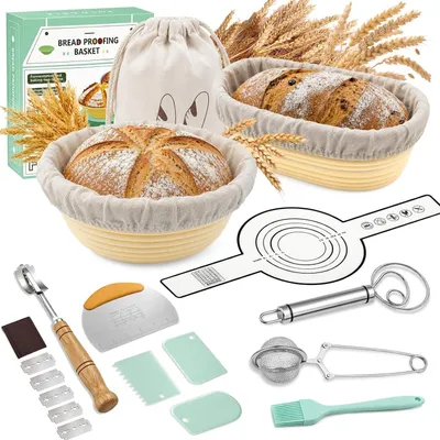 Produktbild von Brotbackset 12-teilig, Gärkörbchen Silikon rund und oval, 23,5 cm und 26 cm, für Anfänger