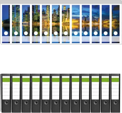 Produktbild von Wallario 12 Stück breite Ordner inkl. Klebeetiketten mit Motive Skyline von Singapur in der Abenddämmerung -  Set mit Rückenschildern / Ordnerrücken Stickern