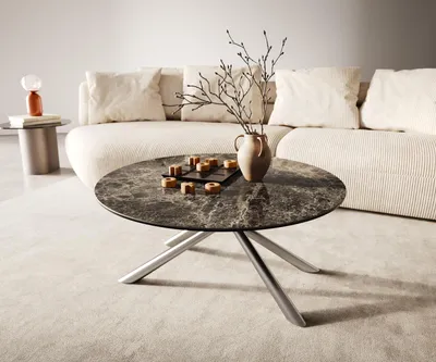 Produktbild von DELIFE Couchtisch Edge Rund 90x90 cm Keramik Emperador Extra Lucidato Dunkelbraun Sarity Edelstahl gebürstet