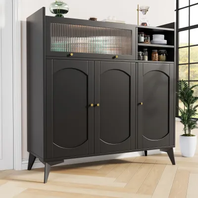 Produktbild von MODFU Kommode Sideboard mit Glastür und goldenem Griff, Schrank Buffet für Esszimmer oder Wohnzimmer, Schwarz