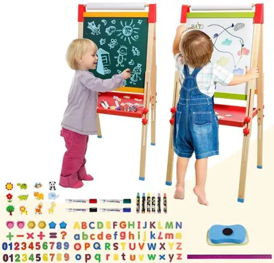 Immagine prodotto di Lavagna in legno per bambini Azomor con rotolo di carta e lavagna bifacciale per gessetti e pennarelli
