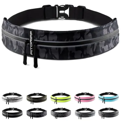 Productafbeelding van Fitgriff® hardloopgordel voor mobiele telefoons - hardlooptas, taillezak, sportgordel, hardloopriem voor joggen, hardlopen, sport en fitness - geschikt voor alle smartphones (camouflage zwart, buikomvang 62-90 cm)