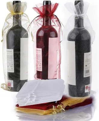 Image de 30 sachets cadeaux en organza pour bouteilles de vin - Décoration rouge pour mariages, anniversaires, fêtes et festivals