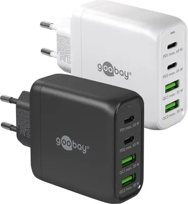 Two Goobay brand mobile device chargers, one white and one black, are shown side-by-side against a white background. The chargers have multiple ports and wattage information printed on them.