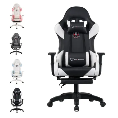 Collage of gaming chairs in different colors, with a main product image of a black and white gaming chair.