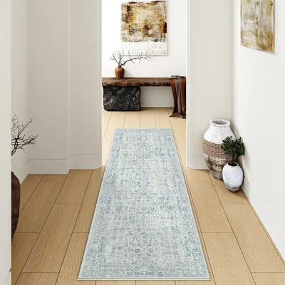 Productafbeelding van Läufer vloerkleed, vintage blauw, 60x180 cm, wasbaar, polyester, antislip