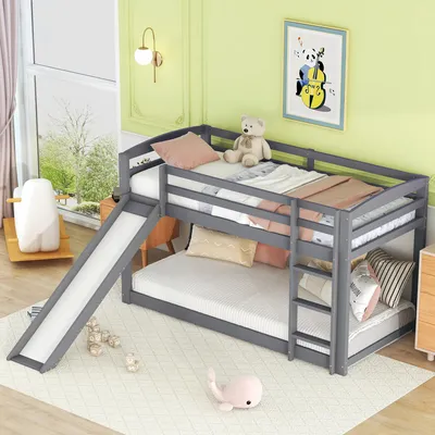 Produktbild von okwish Etagenbett Stockbett 90x200cm mit  Lattenrost, Hochbett mit Rausfallschutz, Massivholzbett Kinderbett Bettgestell mit und Rutsche, Grau