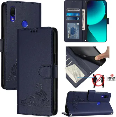 Produktbild von Leder Hülle für Xiaomi Redmi Note 7/Note 7 Pro Süße Katze Flip Case Brieftasche Schutzhülle mit Standfunktion Blau